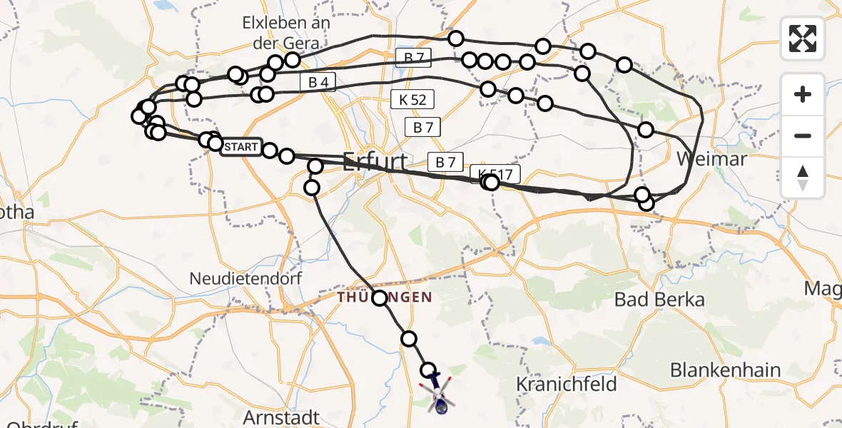 Flugroute Polizeihubschrauber Erfurt - Osthausen-Wülfershausen, 15 Mai 2026, 13:09