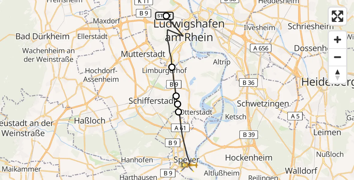 Flugroute Rettungshubschrauber Ludwigshafen Accident Hospital - Speyer, 15 Mai 2026, 13:09