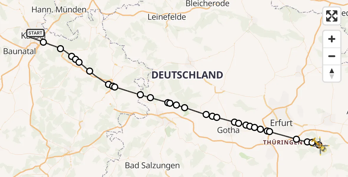 Flugroute Ambulanzhubschrauber Kassel - DRF Rettungsstation Bad Berka Hubschrauberlandeplatz, 15 Mai 2026, 13:10