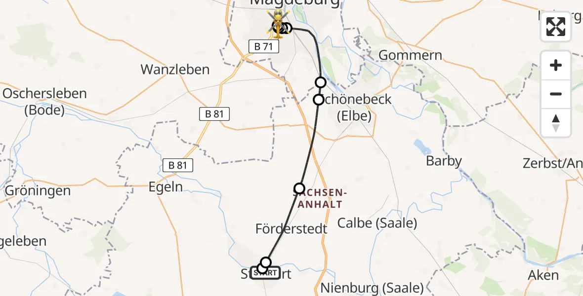 Flugroute Rettungshubschrauber AMEOS Hospital Staßfurt - Magdeburg, 15 Mai 2026, 13:16