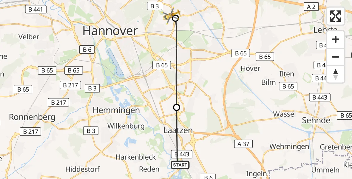 Flugroute Rettungshubschrauber Laatzen - Hannover Luftrettung Hubschrauberlandeplatz (Christoph 4), 15 Mai 2026, 13:17