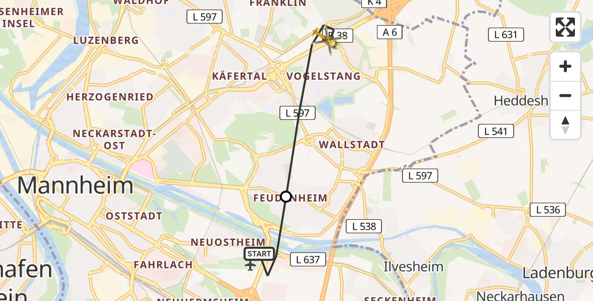 Flugroute Rettungshubschrauber Mannheim-City Flughafen - Mannheim, 15 Mai 2026, 13:20