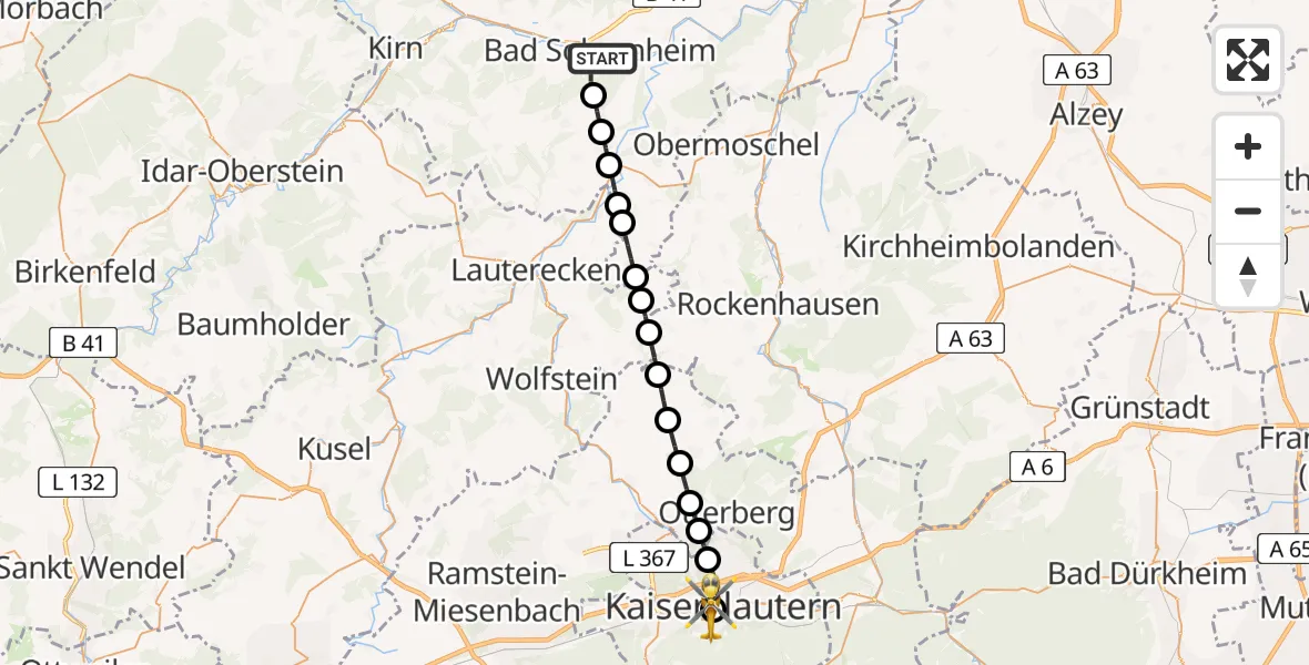 Flugroute Rettungshubschrauber Bad Sobernheim - Westpfalz Hospital Kaiserslautern, 15 Mai 2026, 13:20