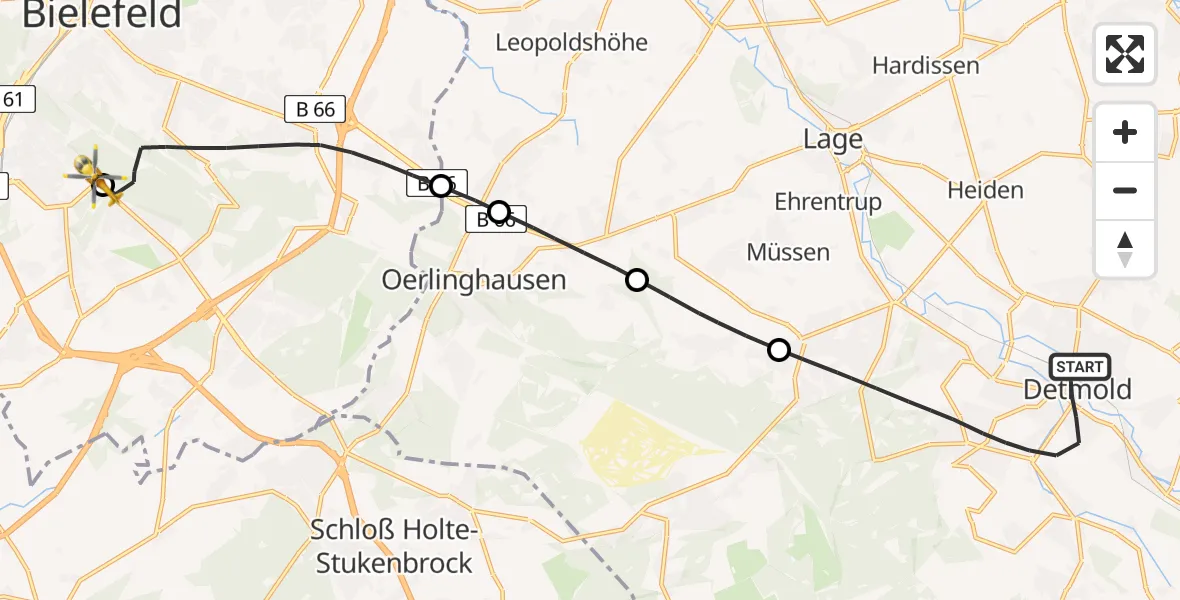 Flugroute Rettungshubschrauber Detmold - Luftrettungszentrum Bielefeld, 15 Mai 2026, 13:21