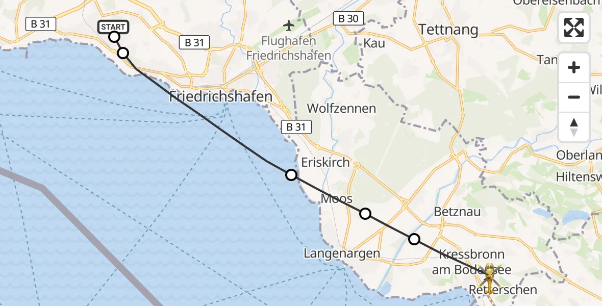Flugroute Rettungshubschrauber Friedrichshafen Hospital - Kressbronn am Bodensee, 15 Mai 2026, 13:23