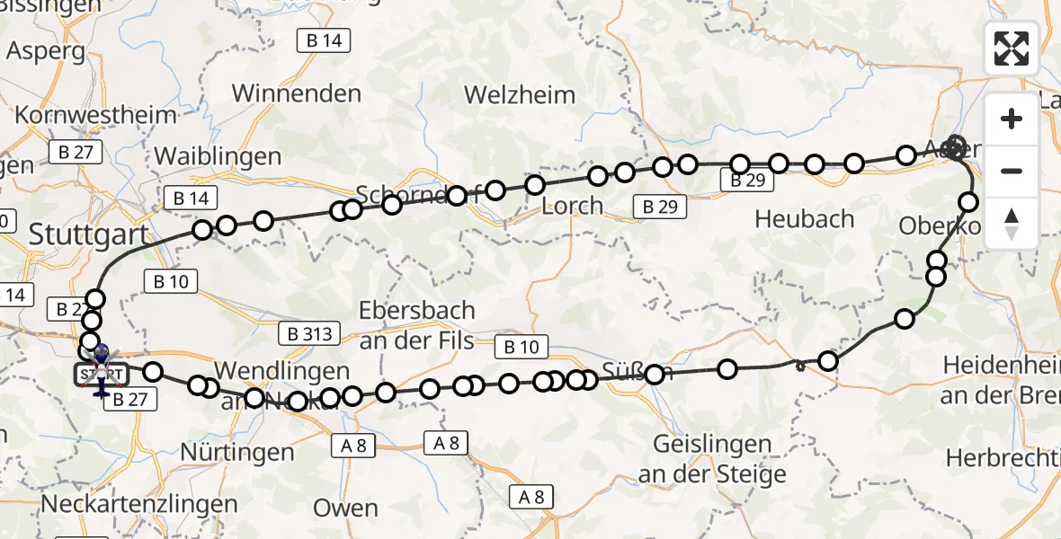 Flugroute Polizeihubschrauber Flughafen Stuttgart - Flughafen Stuttgart, 15 Mai 2026, 13:26