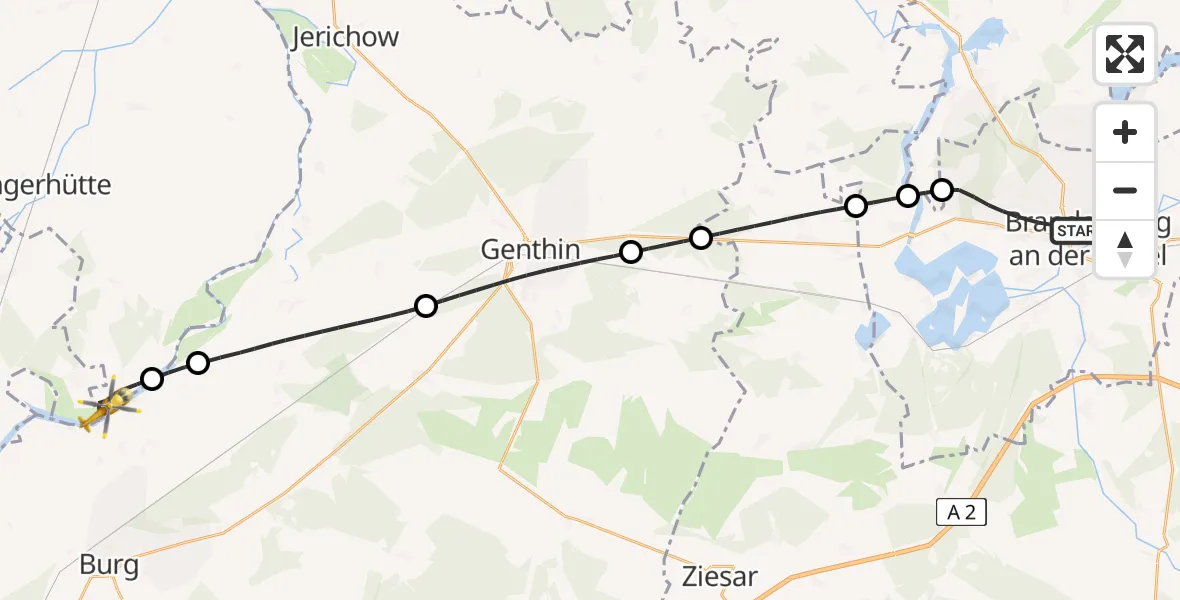 Flugroute Rettungshubschrauber Brandenburg an der Havel - Tangerhütte, 15 Mai 2026, 13:28