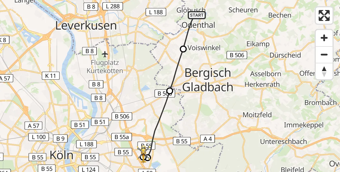 Flugroute Rettungshubschrauber Odenthal - Merheim Hospital, 15 Mai 2026, 13:29