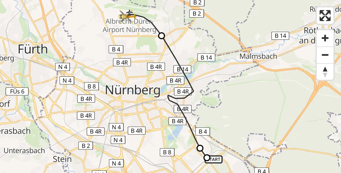 Flugroute Ambulanzhubschrauber Nürnberg South Hospital - Flughafen Nuremberg, 15 Mai 2026, 13:38
