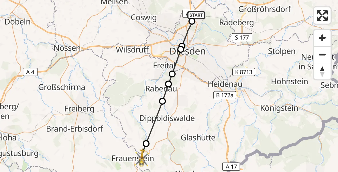 Flugroute Rettungshubschrauber Dresden Flughafen - Hartmannsdorf-Reichenau, 15 Mai 2026, 13:39