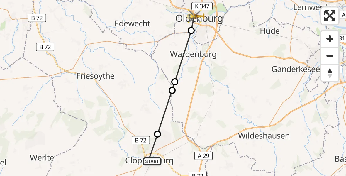 Flugroute Rettungshubschrauber Cloppenburg - Oldenburg (Oldb), 15 Mai 2026, 13:42