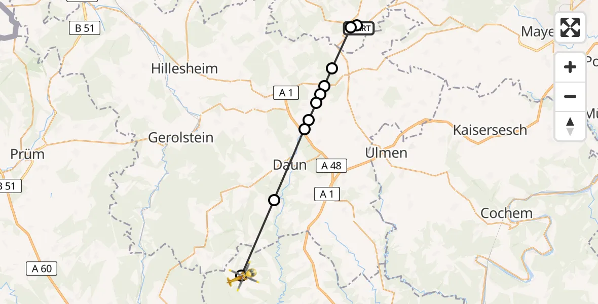 Flugroute Ambulanzhubschrauber Nürburgring Hubschrauberlandeplatz - Bettenfeld, 15 Mai 2026, 13:44