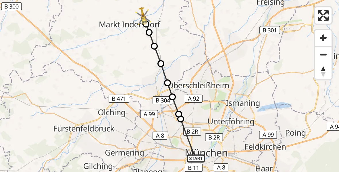 Flugroute Rettungshubschrauber München - Weichs, 15 Mai 2026, 13:45