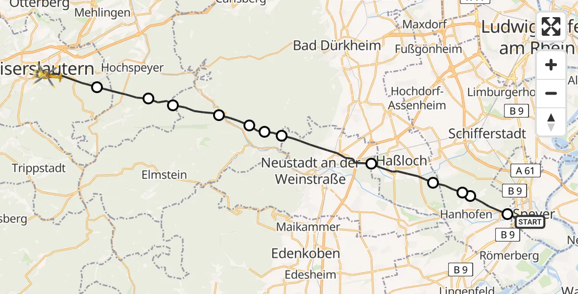 Flugroute Rettungshubschrauber Speyer - Kaiserslautern, 15 Mai 2026, 13:46
