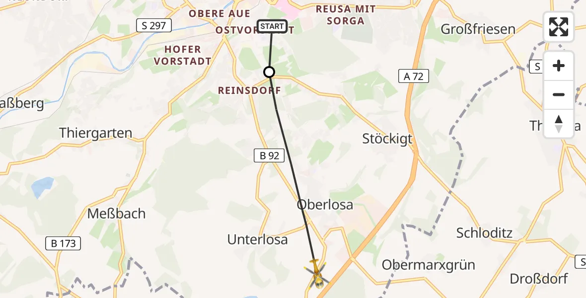 Flugroute Rettungshubschrauber Helios Clinic Plauen - Plauen, 15 Mai 2026, 13:46