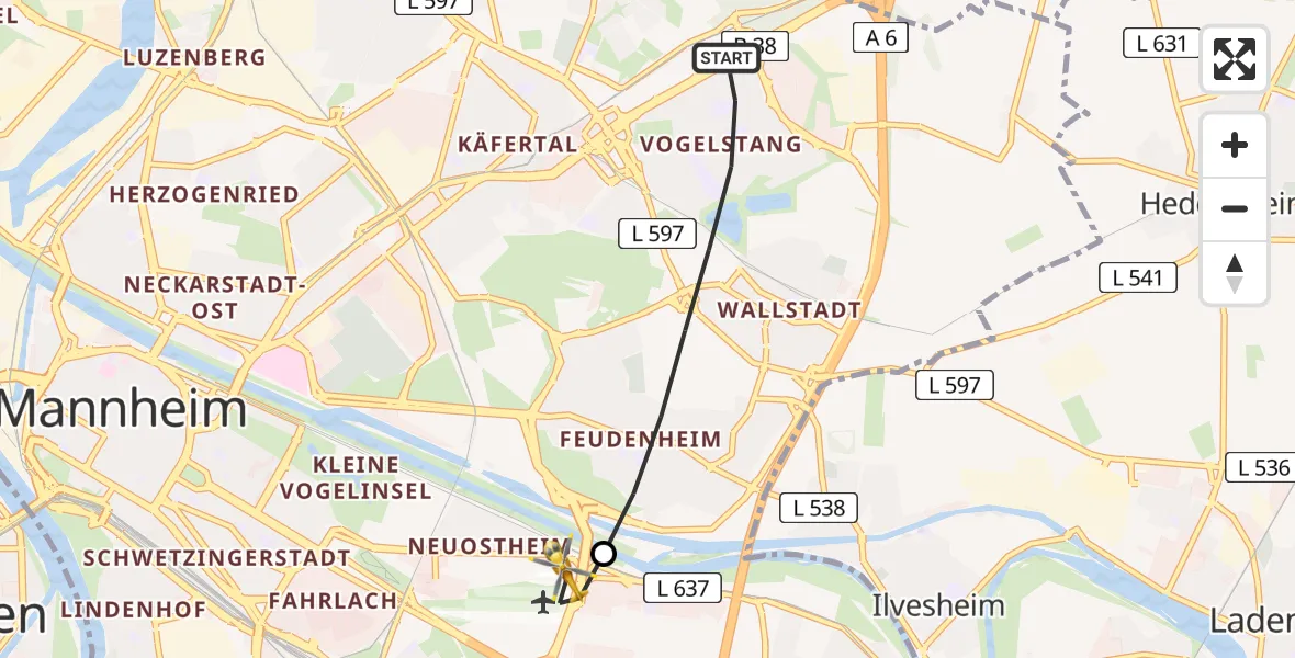Flugroute Rettungshubschrauber Mannheim - Mannheim-City Flughafen, 15 Mai 2026, 13:47