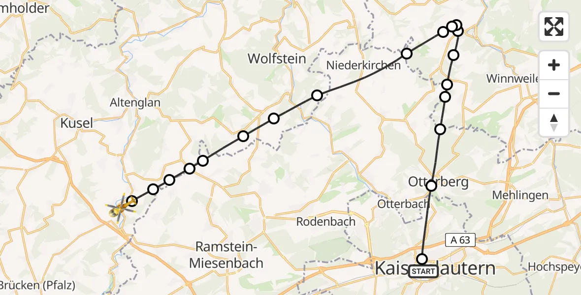 Flugroute Rettungshubschrauber Westpfalz Hospital Kaiserslautern - Rehweiler, 15 Mai 2026, 13:49