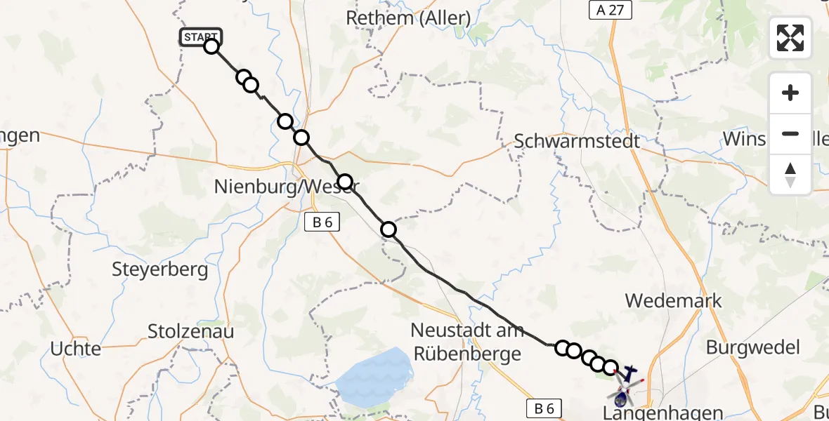 Flugroute Polizeihubschrauber Bücken - Flughafen Hannover, 15 Mai 2026, 13:49