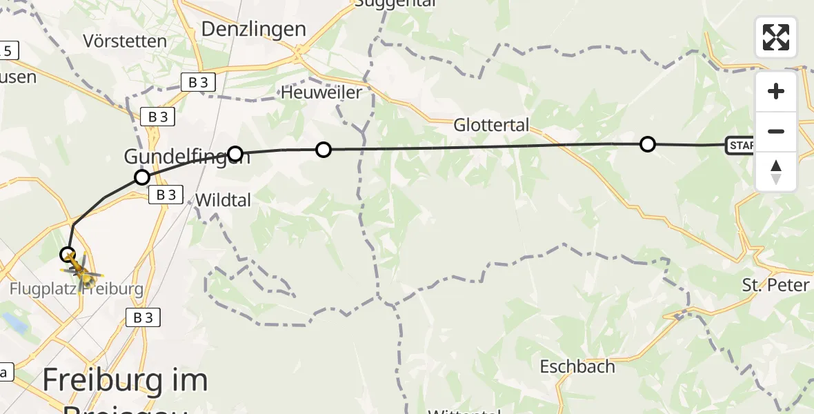 Flugroute Rettungshubschrauber St. Peter - Freiburg im Breisgau Flugplatz, 15 Mai 2026, 13:50