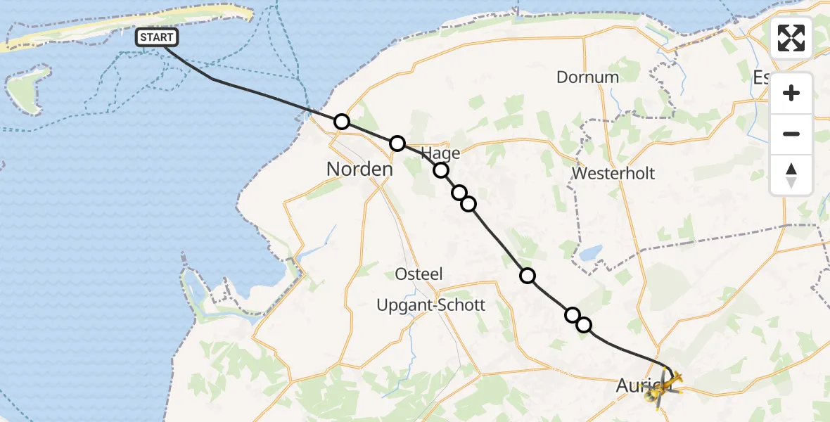 Flugroute Ambulanzhubschrauber Noordzee - Aurich, 15 Mai 2026, 13:54