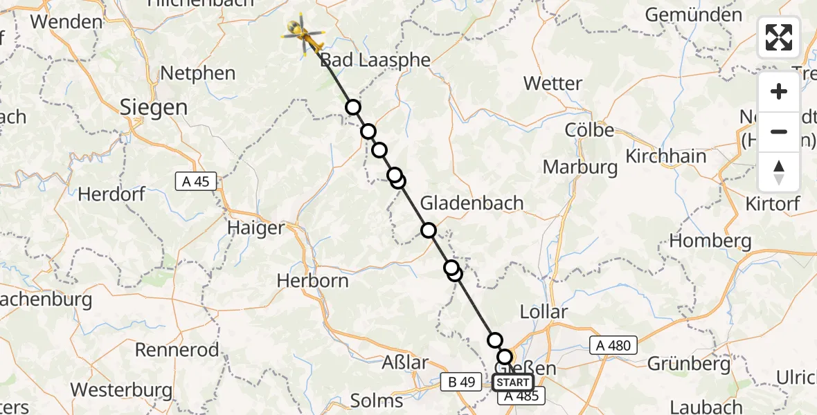 Flugroute Rettungshubschrauber Gießen - Bad Laasphe, 15 Mai 2026, 14:00