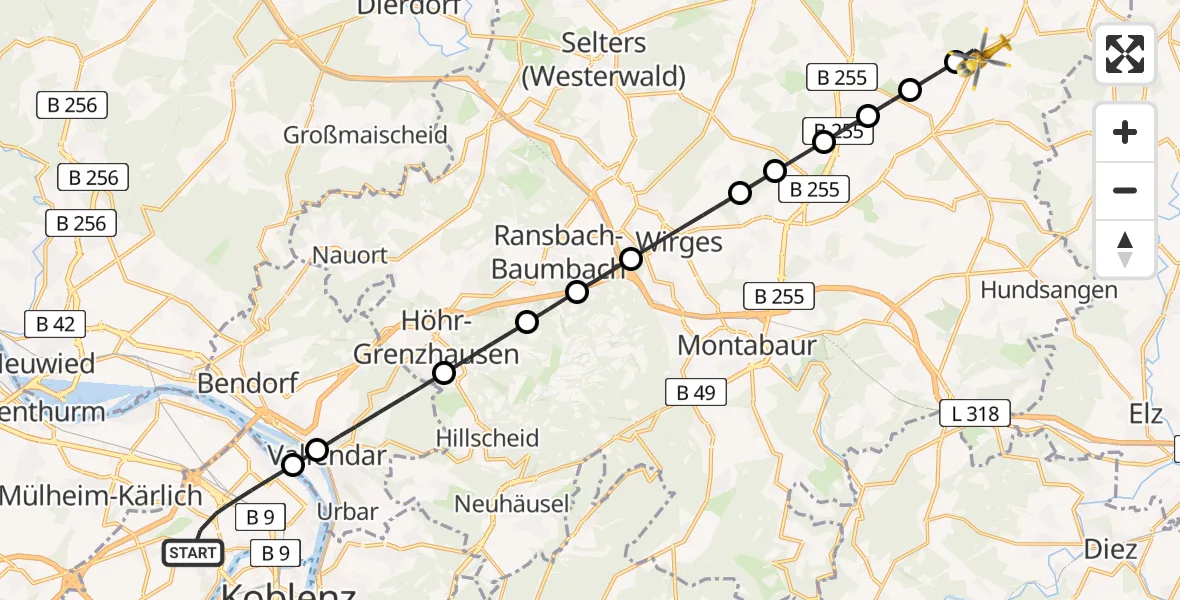Flugroute Rettungshubschrauber Koblenz - Guckheim, 15 Mai 2026, 14:04