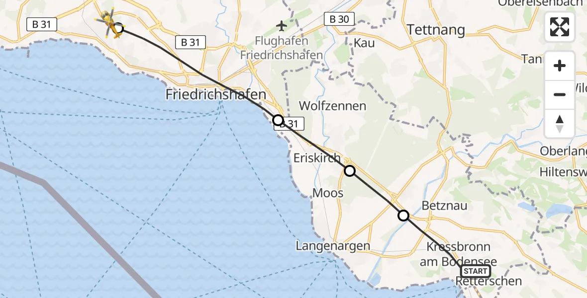 Flugroute Rettungshubschrauber Kressbronn am Bodensee - Friedrichshafen Hospital, 15 Mai 2026, 14:06