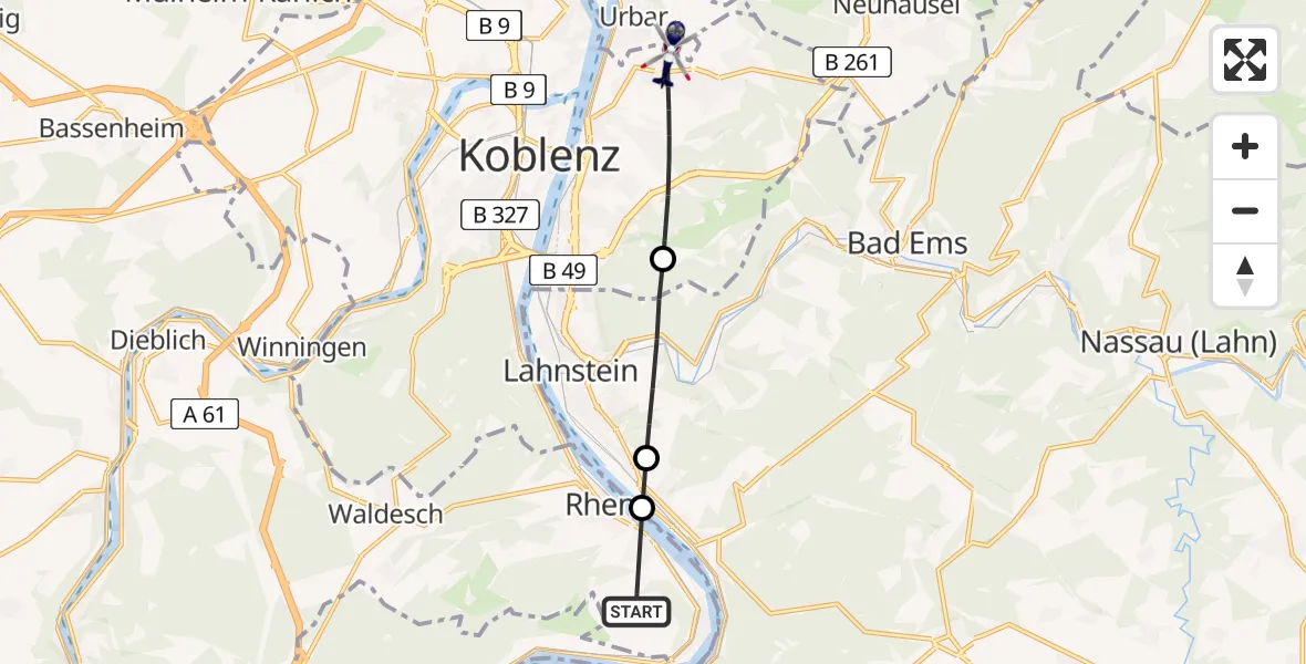 Flugroute Polizeihubschrauber Brey - Koblenz, 15 Mai 2026, 14:07