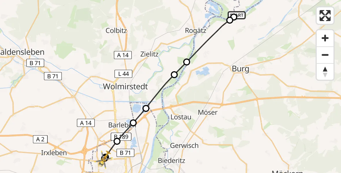 Flugroute Rettungshubschrauber Tangerhütte - Magdeburg Hospital, 15 Mai 2026, 14:12