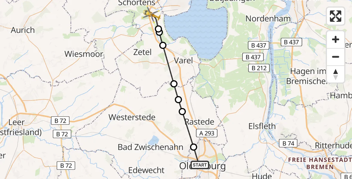 Flugroute Rettungshubschrauber Oldenburg (Oldb) - Sande, 15 Mai 2026, 14:24