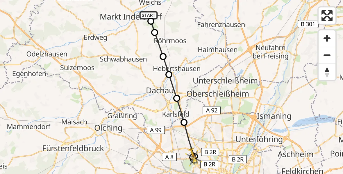 Flugroute Rettungshubschrauber Weichs - Dritter Orden University Hospital, 15 Mai 2026, 14:25