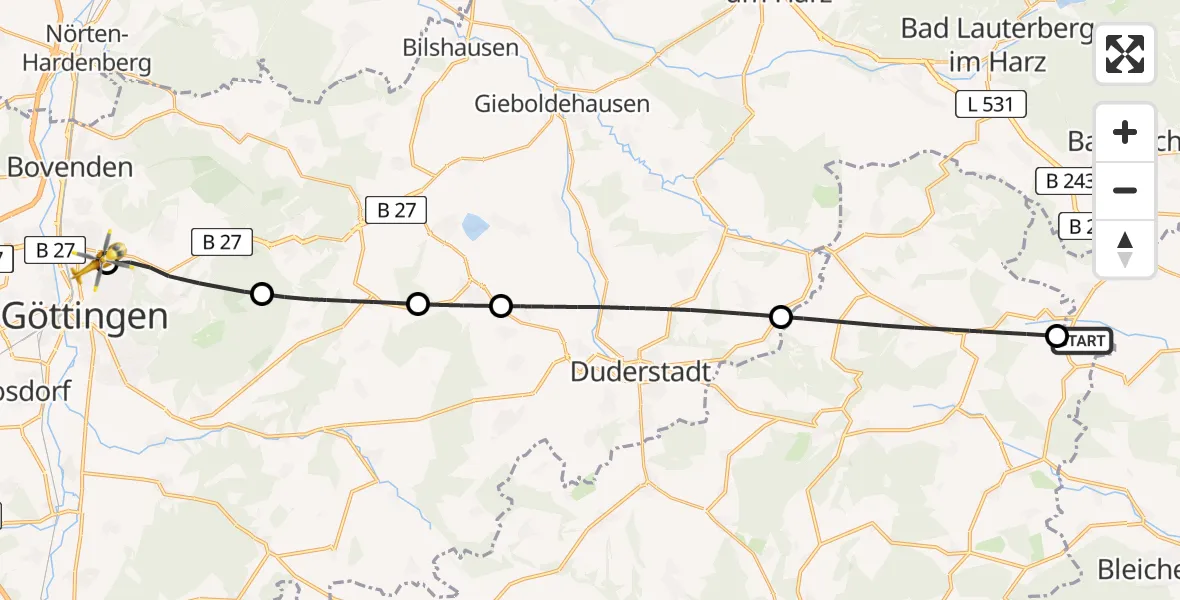 Flugroute Rettungshubschrauber Hohenstein - Göttingen University Clinic Hubschrauberlandeplatz, 15 Mai 2026, 14:32
