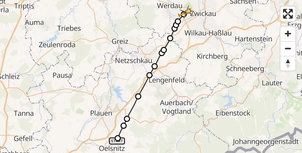 Flugroute Rettungshubschrauber Oelsnitz/Vogtl. - ADAC Air Rescue Station Zwickau Hubschrauberlandeplatz, 15 Mai 2026, 14:33