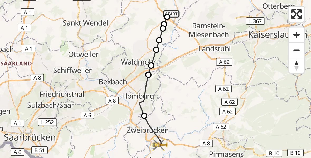 Flugroute Rettungshubschrauber Rehweiler - Zweibrücken, 15 Mai 2026, 14:35