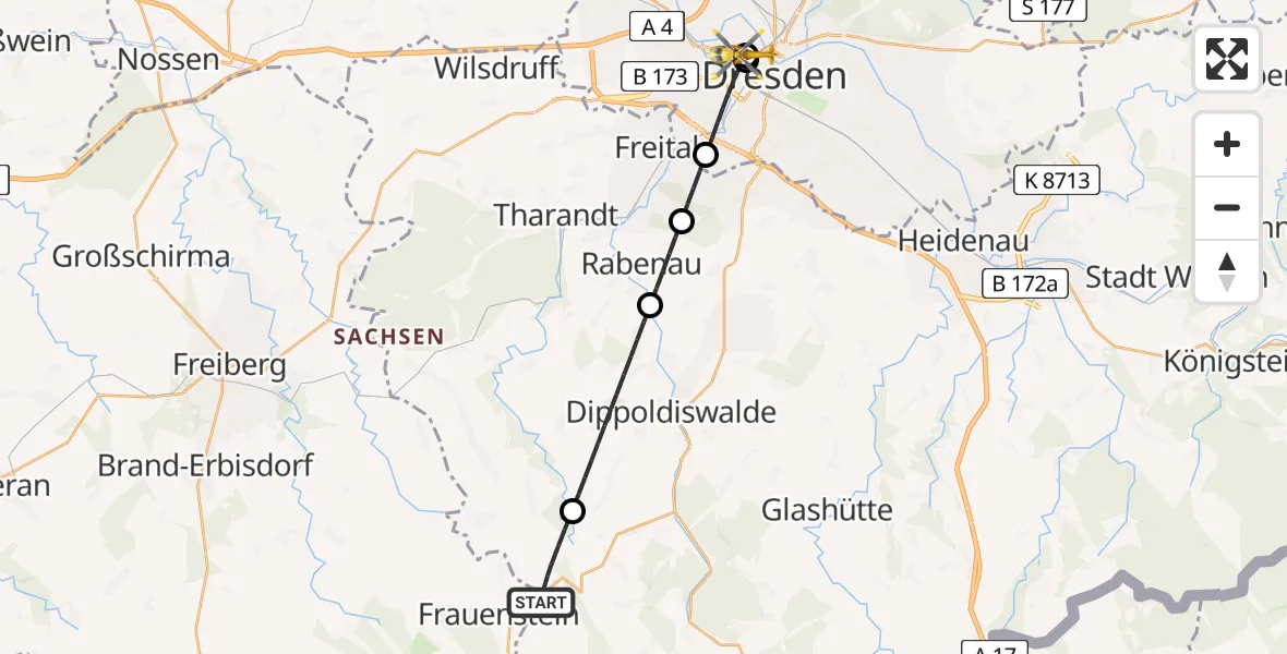 Flugroute Rettungshubschrauber Hartmannsdorf-Reichenau - Dresden Friedrichstadt Hospital, 15 Mai 2026, 14:38
