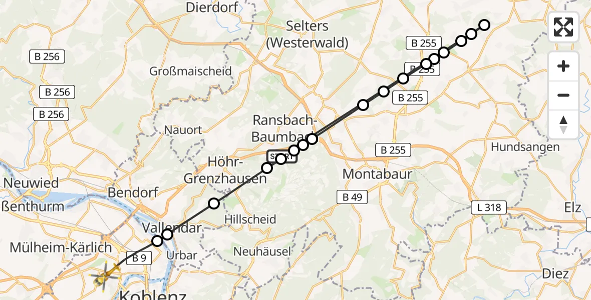 Flugroute Rettungshubschrauber Ransbach-Baumbach - Koblenz, 15 Mai 2026, 14:42