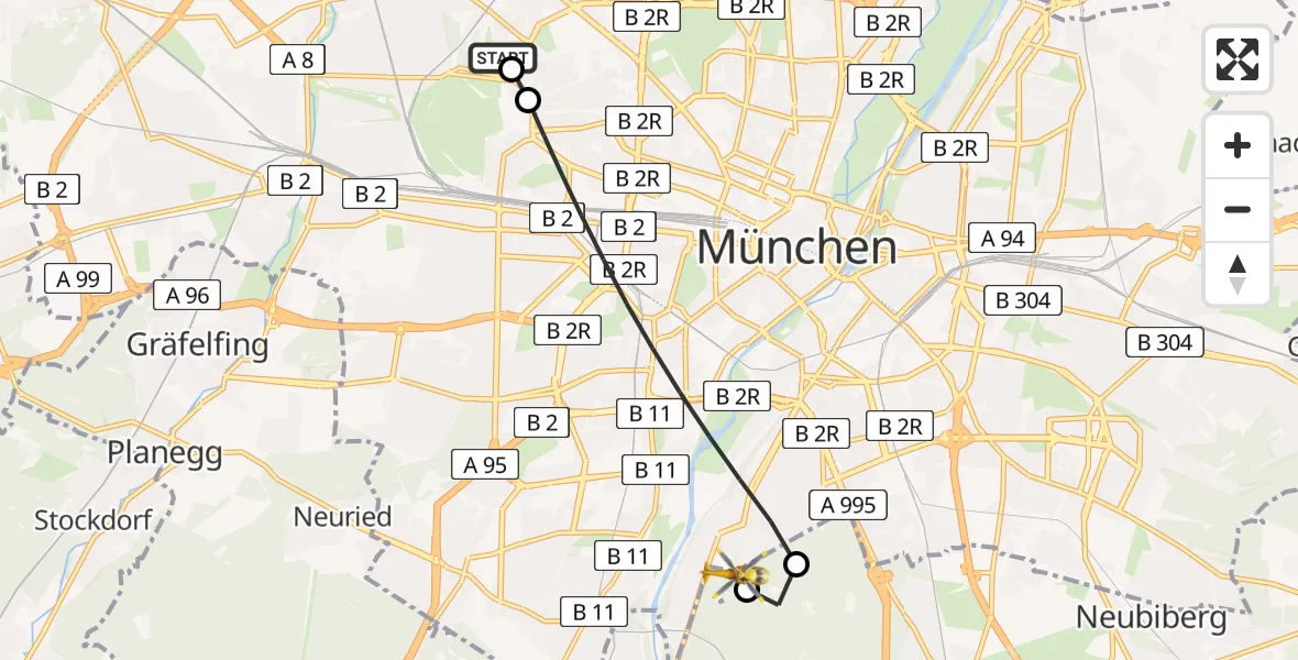 Flugroute Rettungshubschrauber Dritter Orden University Hospital - ADAC Air Rescue Center Hubschrauberlandeplatz (Christoph 1), 15 Mai 2026, 14:43
