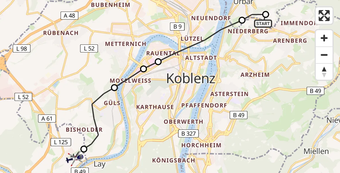 Flugroute Polizeihubschrauber Koblenz - Koblenz-Winningen Flugplatz, 15 Mai 2026, 14:43