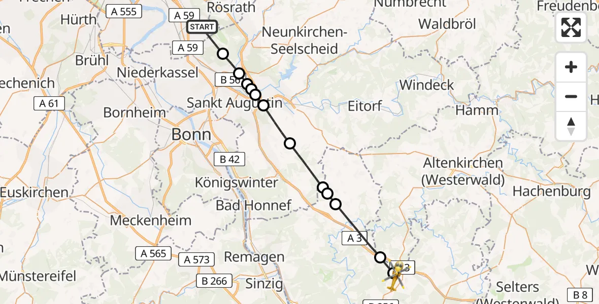 Flugroute Rettungshubschrauber Köln Bonn Flughafen - Oberhonnefeld-Gierend, 15 Mai 2026, 14:46