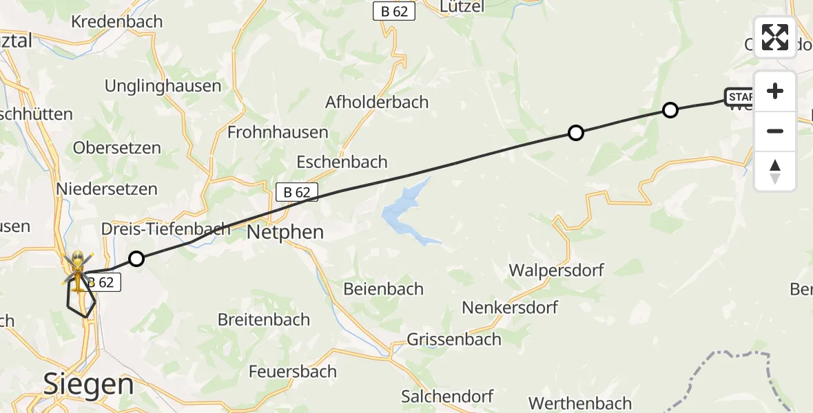 Flugroute Rettungshubschrauber Bad Laasphe - Siegen, 15 Mai 2026, 14:47