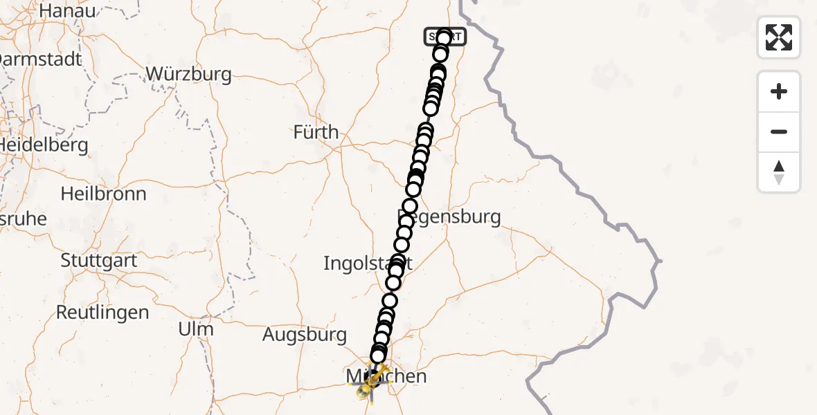 Flugroute Rettungshubschrauber Fichtelgebirge Hospital Marktredwitz - DRF Air Rescue München Hubschrauberlandeplatz, 15 Mai 2026, 14:48