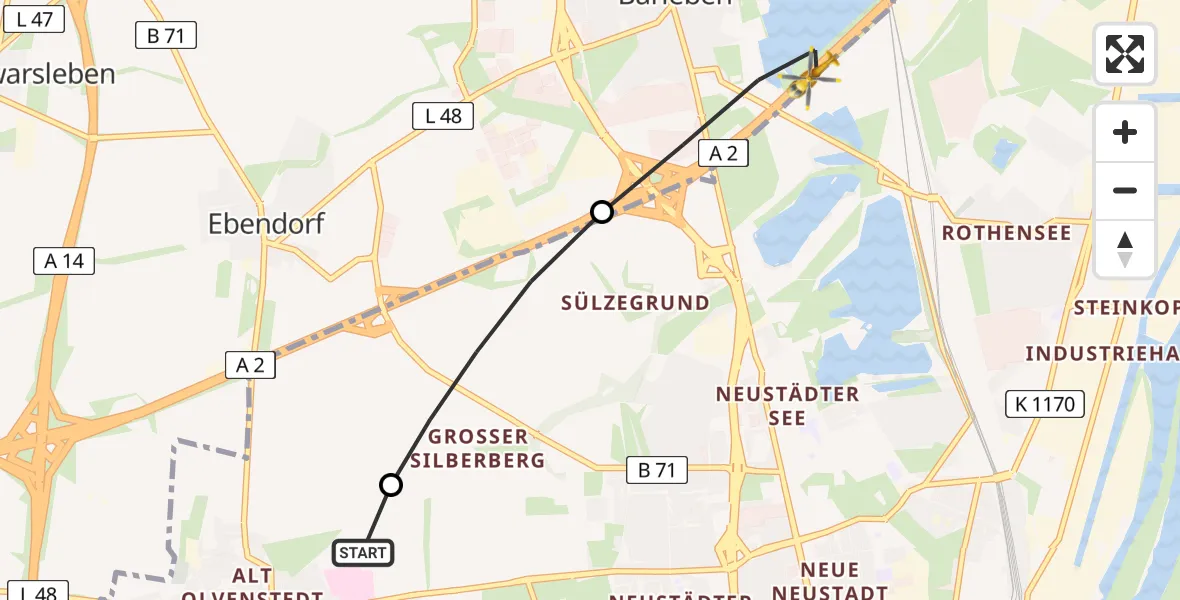 Flugroute Rettungshubschrauber Magdeburg Hospital - Barleben, 15 Mai 2026, 14:50