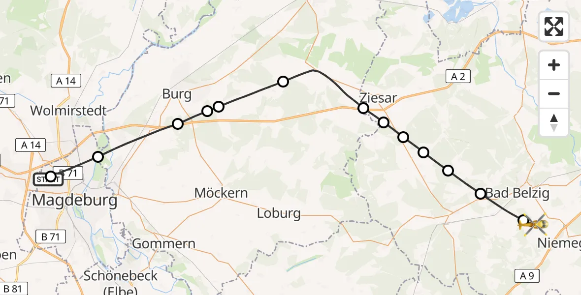 Flugroute Rettungshubschrauber Magdeburg Hospital - Planetal, 15 Mai 2026, 14:52