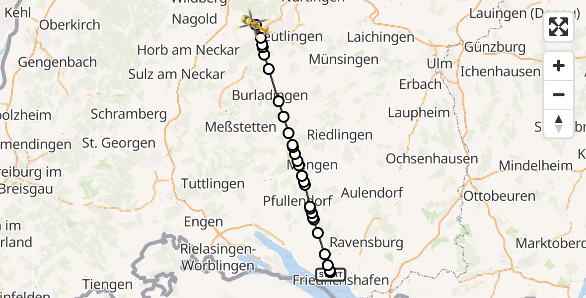 Flugroute Rettungshubschrauber Friedrichshafen Hospital - Tübingen University Hospital, 15 Mai 2026, 14:54