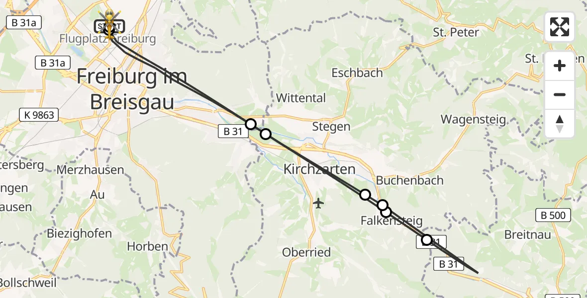 Flugroute Rettungshubschrauber Freiburg im Breisgau Flugplatz - Freiburg im Breisgau Flugplatz, 15 Mai 2026, 14:55