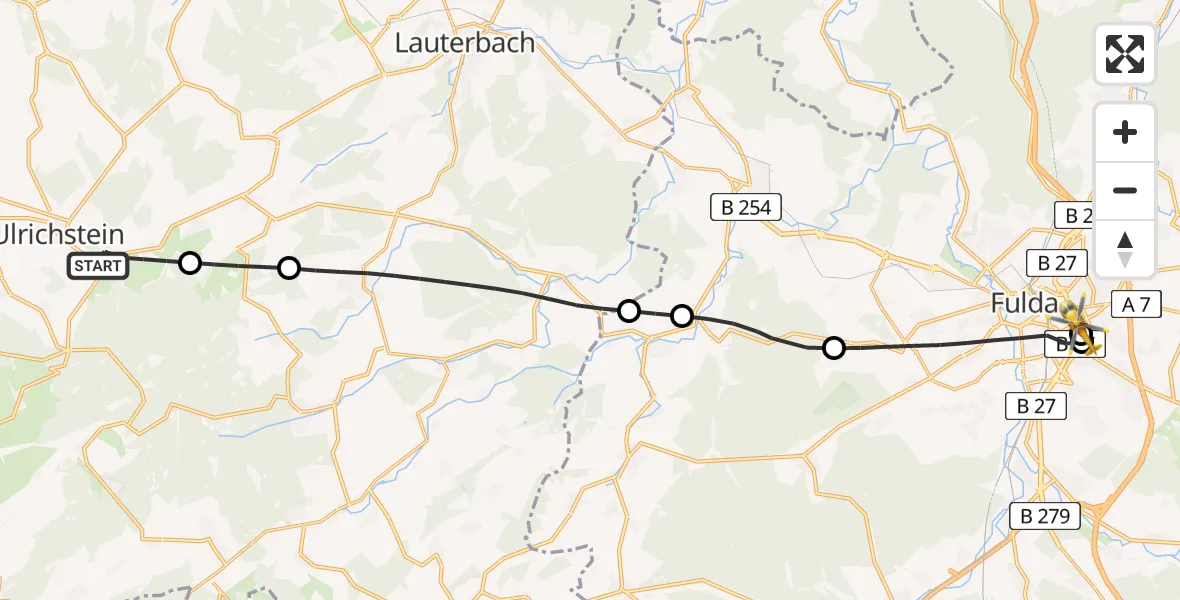 Flugroute Rettungshubschrauber Ulrichstein - Fulda Hospital, 15 Mai 2026, 14:57