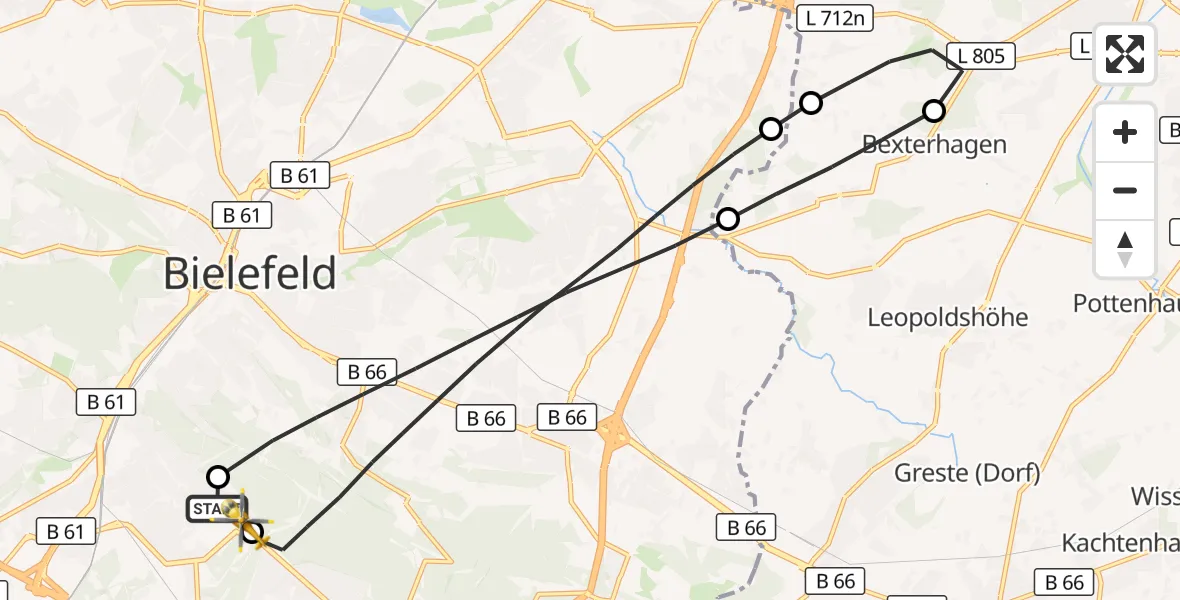 Flugroute Rettungshubschrauber Luftrettungszentrum Bielefeld - Luftrettungszentrum Bielefeld, 15 Mai 2026, 14:57