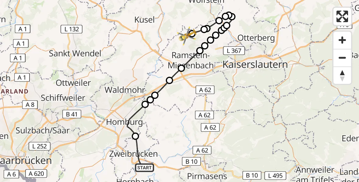 Flugroute Rettungshubschrauber Zweibrücken - Reichenbach-Steegen, 15 Mai 2026, 15:09