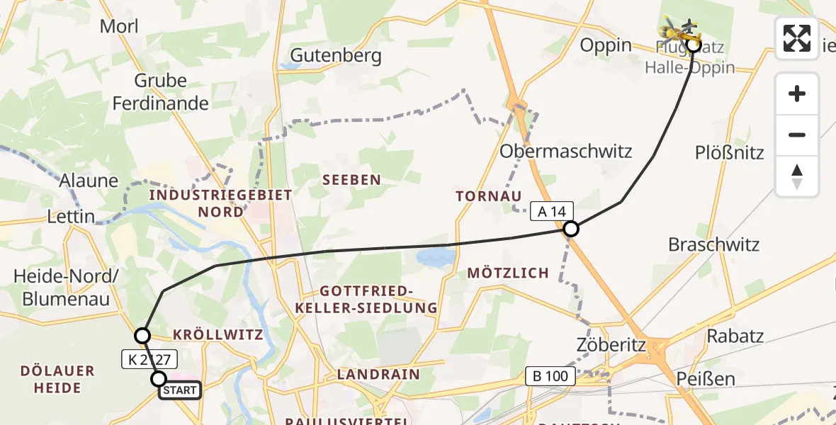 Flugroute Rettungshubschrauber Halle (Saale) University Hospital - Halle-Oppin Flugplatz, 15 Mai 2026, 15:09
