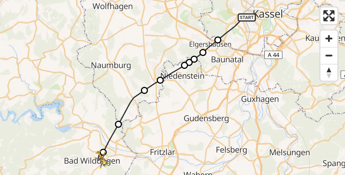 Flugroute Rettungshubschrauber Kassel - Bad Wildungen, 15 Mai 2026, 15:10